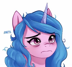 Size: 1723x1626 | Tagged: safe, artist:maren, derpibooru import, izzy moonbow, pony, unicorn, bags under eyes, bust, cute, female, g5, image, izzybetes, jpeg, mare, messy mane, sad, sadorable, simple background, solo, tired, white background