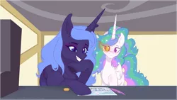 Size: 1280x721 | Tagged: safe, artist:tired-horse-studios, derpibooru import, princess celestia, princess luna, pony, between dark and dawn, coin, fuck you, heterochromia, image, jpeg, postcard, scene interpretation, vulgar