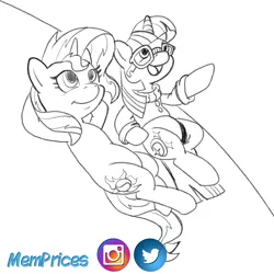 Size: 2812x2812 | Tagged: safe, artist:memprices, derpibooru import, moondancer, sunset shimmer, pony, unicorn, clothes, glasses, image, leaning back, looking up, open mouth, open smile, pencil drawing, png, pointing, simple background, sketch, smiling, social media, sweater, traditional art, white background, wip