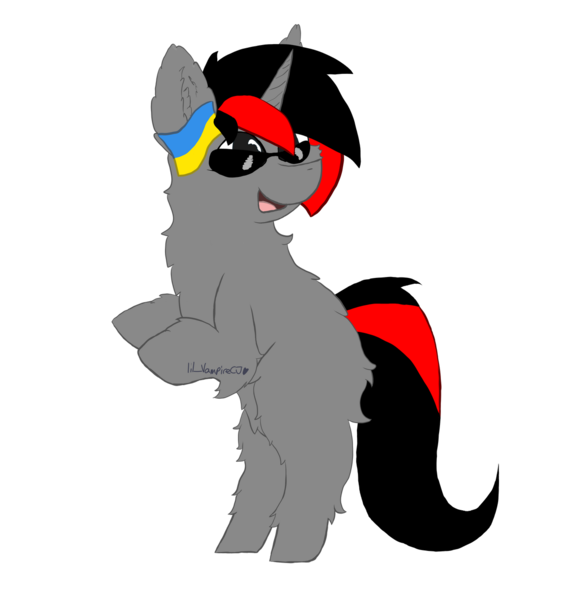 Size: 1280x1332 | Tagged: safe, derpibooru import, oc, oc:fluff, unofficial characters only, fluffy pony, pony, unicorn, black and red mane, black and red tail, chest fluff, commission, ear fluff, flag, fluffy, gray coat, image, open mouth, png, simple background, smiling, solo, standing, standing on two hooves, sunglasses, ukraine, unshorn fetlocks, ych example, ych result, your character here