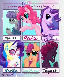 Size: 754x900 | Tagged: safe, artist:jen-neigh, derpibooru import, maud pie, pinkie pie, rarity, starlight glimmer, sunny starscout, tempest shadow, earth pony, pegasus, pony, unicorn, six fanarts, g4, g5, image, jpeg, simple background