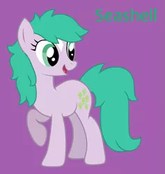 Size: 939x991 | Tagged: safe, artist:jigglewiggleinthepigglywiggle, derpibooru import, seashell (g1), earth pony, pony, aqua eyes, coat markings, cute, female, full body, g1, g1 adorashell, g1 to g4, g4, generation leap, green hair, green mane, green tail, green text, hooves, image, mare, open mouth, open smile, png, purple background, raised hoof, raised leg, show accurate, simple background, smiling, solo, standing, tail, text