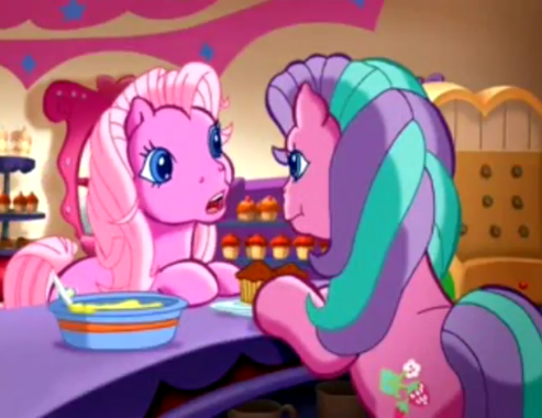 Size: 493x380 | Tagged: safe, derpibooru import, screencap, pinkie pie (g3), sweetberry, earth pony, pony, a very pony place, positively pink, cupcake, female, food, frosting, frown, g3, image, mare, open mouth, png, sweet shoppe, youtube link