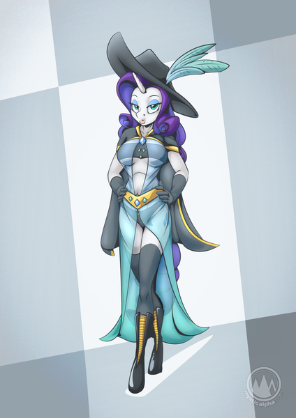 Size: 955x1351 | Tagged: suggestive, artist:mysticalpha, derpibooru import, rarity, anthro, pony, unicorn, bandeau, belly button, boots, breasts, busty rarity, cape, clothes, duckface, female, gloves, hand on hip, hat, image, jpeg, mare, panties, see-through, shoes, socks, solo, solo female, thigh highs, underwear