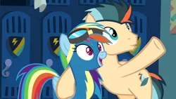 Size: 748x421 | Tagged: safe, derpibooru import, screencap, rainbow dash, oc, oc:turbo swifter, unofficial characters only, pegasus, pony, wonderbolts academy, canon x oc, clothes, female, goggles, image, male, mare, png, shipping, stallion, straight, turbodash, uniform, wonderbolts uniform