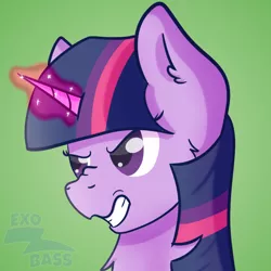 Size: 1000x1000 | Tagged: safe, artist:exobass, derpibooru import, twilight sparkle, angry, expression, glow, glowing horn, horn, image, magic, png, teeth grinding