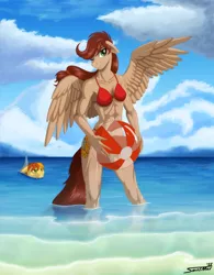 Size: 1280x1639 | Tagged: safe, artist:sa1ntmax, derpibooru import, oc, oc:ayri, oc:wit ray, anthro, earth pony, pegasus, unguligrade anthro, abs, aside glance, beach, beach ball, belly button, bikini, breasts, clothes, cloud, earth pony oc, eyelashes, female, image, looking at you, ocean, one eye closed, outdoors, pegasus oc, png, ponytail, shark fin, sideways glance, smiling, standing, summer, swimming, swimsuit, tail, water, wings