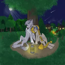 Size: 2560x2560 | Tagged: safe, derpibooru import, golden feather, princess celestia, oc, oc:light knight, pegasus, spoiler:comic, spoiler:comic65, braid, camp everfree outfits, campfire, everlasting summer, forest, house, houses, image, jpeg, lamp, lantern, light, moon, night, pegasus oc, shooting star, sleeping, stars, tree, wings