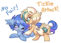 Size: 1280x907 | Tagged: safe, artist:starlightlore, derpibooru import, oc, oc:astral flare, oc:sun light, unofficial characters only, bat pony, pegasus, pony, bat pony oc, bat wings, bipedal, blank flank, blushing, coat markings, commission, cute, dialogue, ear fluff, ear tufts, female, filly, foal, image, ocbetes, png, simple background, socks (coat marking), tickling, transparent background, wings