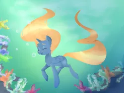 Size: 1600x1200 | Tagged: safe, artist:ceeceil, derpibooru import, oc, unofficial characters only, alicorn, pony, bubble, coral, crepuscular rays, eyes closed, flowing mane, flowing tail, folded wings, horn, image, ocean, orange mane, png, redraw, smiling, solo, sunlight, swimming, tail, underwater, water, wings