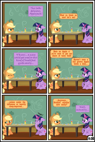 Size: 3255x4838 | Tagged: safe, artist:gutovi, derpibooru import, applejack, twilight sparkle, twilight sparkle (alicorn), alicorn, earth pony, pony, unicorn, comic:why me!?, alternate ending, apple, apple juice, comic, cooking, female, food, hat, high res, image, juice, lesbian, mare, png, shipping, show accurate, sweet apple acres, table, twijack