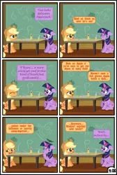 Size: 3255x4838 | Tagged: safe, artist:gutovi, derpibooru import, applejack, twilight sparkle, twilight sparkle (alicorn), alicorn, earth pony, pony, unicorn, comic:why me!?, alternate ending, apple, apple juice, comic, cooking, female, food, hat, high res, image, juice, lesbian, mare, png, shipping, show accurate, sweet apple acres, table, twijack