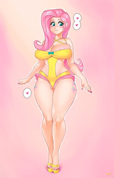 Size: 898x1400 | Tagged: questionable, artist:mew, derpibooru import, fluttershy, human, big breasts, blushing, breasts, busty fluttershy, cleavage, clothes, cutie mark on human, erect nipples, humanized, image, jpeg, labia, nail polish, nipple outline, pubic hair, pubic hair slip, pussy floss, useless clothing, wide hips