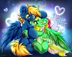 Size: 2244x1785 | Tagged: safe, artist:woonborg, derpibooru import, oc, oc:docvolt, oc:gumdrops, unofficial characters only, pegasus, chest fluff, ear fluff, ear piercing, earring, hug, image, jewelry, piercing, png