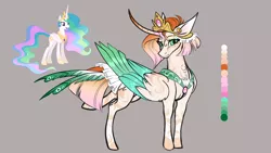 Size: 3264x1836 | Tagged: safe, artist:lucythunderforth, derpibooru import, princess celestia, alicorn, brown background, color palette, crown, horn, image, jewelry, png, redesign, regalia, simple background, solo, wings