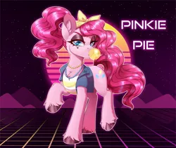 Size: 2000x1686 | Tagged: safe, artist:_ladybanshee_, derpibooru import, pinkie pie, earth pony, pony, 80's fashion, 80s, 80s hair, alternate hairstyle, badass, bubblegum, chest fluff, clothes, ear fluff, female, food, gum, hairband, hooves, image, jewelry, jpeg, makeup, mare, necklace, ponytail, shirt, solo, unshorn fetlocks, vest