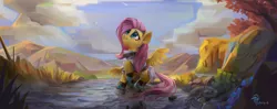 Size: 5911x2339 | Tagged: safe, artist:掷骰儿, derpibooru import, fluttershy, pegasus, pony, boots, clothes, female, hair accessory, high res, image, jpeg, looking up, mare, mountain, mushroom, outdoors, raised hoof, river, shoes, sky, smiling, solo, spread wings, stray strand, stream, three quarter view, tree, water, widescreen, wings