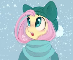 Size: 1200x984 | Tagged: safe, artist:melodylibris, derpibooru import, fluttershy, pegasus, pony, blushing, breath, bust, clothes, cute, female, hat, image, jpeg, mare, open mouth, scarf, shyabetes, snow, snowfall, solo