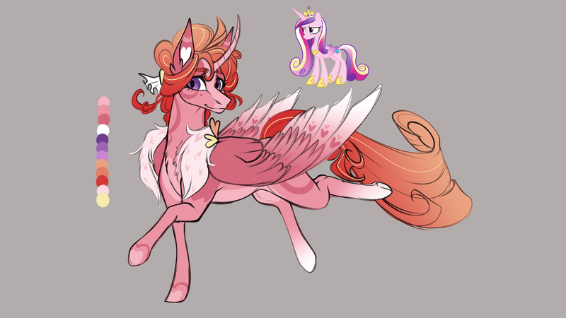 Size: 3264x1836 | Tagged: safe, artist:lucythunderforth, derpibooru import, princess cadance, alicorn, best princess, brown background, color palette, crown, female, gold, horn, image, jewelry, png, redesign, regalia, simple background, solo, solo female, wings