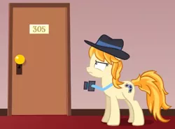 Size: 409x303 | Tagged: safe, artist:jan, derpibooru import, press pass, press release (character), earth pony, pony, vocational death cruise, camera, door, doorknob, female, film reel, frown, hat, hotel, hotel room, image, mare, png, unamused, youtube link