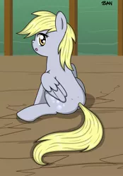 Size: 1416x2039 | Tagged: safe, artist:banquo0, derpibooru import, derpy hooves, pegasus, pony, the last roundup, butt, female, image, jpeg, open mouth, scene interpretation, sitting, solo