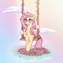 Size: 1000x1000 | Tagged: safe, artist:finalaspex, derpibooru import, fluttershy, pegasus, pony, abstract background, cute, female, flower, flower in hair, image, jpeg, looking at you, mare, smiling, solo, spring, swing