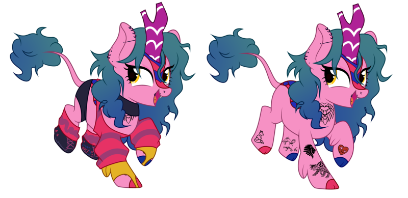 Size: 7193x3500 | Tagged: safe, artist:idkhesoff, derpibooru import, oc, unofficial characters only, kirin, choker, clothes, ear piercing, earring, eyebrow piercing, female, image, jewelry, kirin oc, nose piercing, nose ring, open mouth, piercing, png, ponysona, raised hoof, raised leg, shoes, shorts, simple background, socks, solo, striped socks, sweater, tattoo, tongue piercing, transparent background