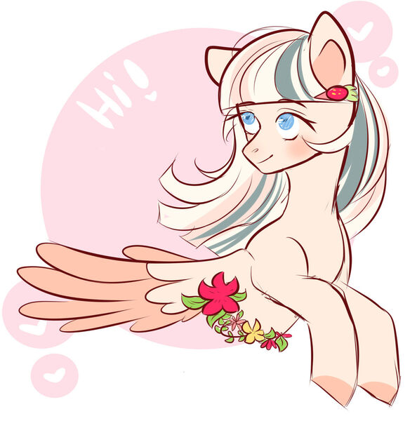 Size: 1280x1292 | Tagged: safe, artist:nikachyy, derpibooru import, oc, unofficial characters only, pegasus, pony, bust, colored wings, eyelashes, female, flower, image, jpeg, mare, pegasus oc, smiling, solo, two toned wings, wings