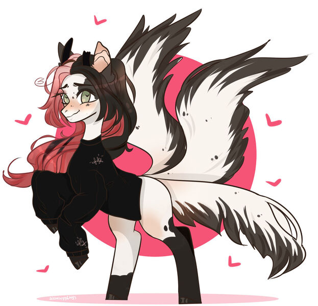 Size: 1280x1233 | Tagged: safe, artist:nikachyy, derpibooru import, oc, unofficial characters only, original species, pony, abstract background, blushing, clothes, eyelashes, female, heart, image, jpeg, kitsune, kitsune pony, mare, multiple tails, rearing, smiling, solo, tail