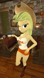 Size: 900x1600 | Tagged: safe, artist:oatmeal!, derpibooru import, applejack, human, equestria girls, 3d, alcohol, beer, big breasts, boots, breasts, busty applejack, clothes, cowboy boots, cowboy hat, gmod, hand on hip, hat, hooters, huge breasts, image, looking at you, one eye closed, png, restaurant, sexy, shoes, shorts, solo, tanktop, waitress, wide hips, wink, winking at you