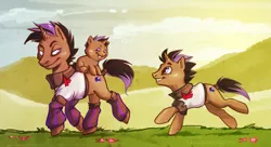 Size: 2092x1136 | Tagged: safe, artist:fukari, derpibooru import, oc, unofficial characters only, pony, unicorn, baby, baby pony, clothes, grin, horn, image, jpeg, leg warmers, male, outdoors, ponies riding ponies, riding, running, smiling, stallion, unicorn oc