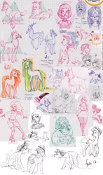 Size: 1403x2393 | Tagged: safe, artist:fukari, derpibooru import, oc, unofficial characters only, deer, human, pegasus, pony, unicorn, wolf, bust, female, horn, image, jpeg, lineart, mare, pegasus oc, sketch, sketch dump, traditional art, unicorn oc, wings