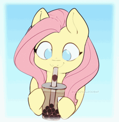 Size: 772x792 | Tagged: safe, artist:angrylittlerodent, derpibooru import, fluttershy, animated, bubble tea, chewing, cute, daaaaaaaaaaaw, drinking, eating, gif, gradient background, image, looking down, shyabetes, weapons-grade cute