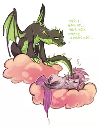 Size: 917x1182 | Tagged: safe, artist:fukari, derpibooru import, oc, unofficial characters only, dragon, pegasus, pony, cloud, dragon oc, duo, eyes closed, female, image, jpeg, mare, on a cloud, pegasus oc, simple background, sleeping, smiling, talking, white background, wings