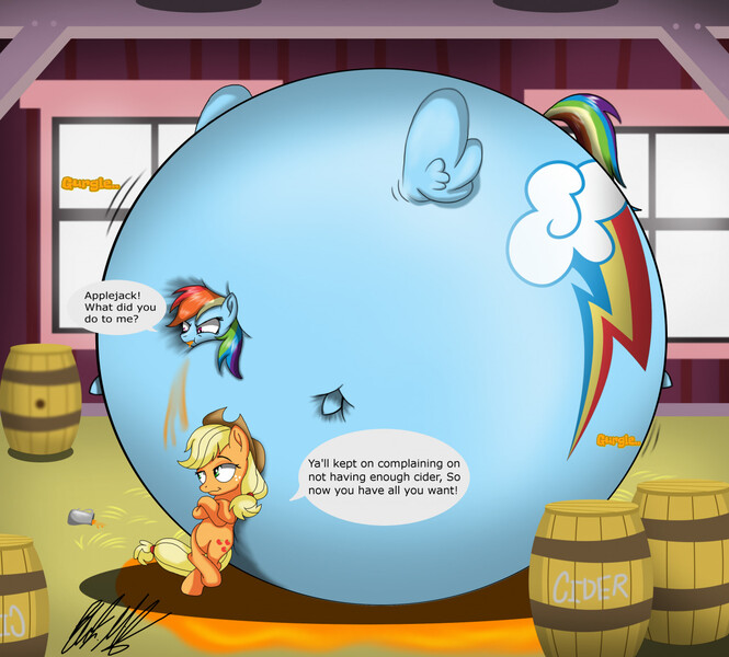 Size: 1280x1155 | Tagged: questionable, artist:mitsi1991, derpibooru import, applejack, rainbow dash, earth pony, pegasus, pony, applejack's hat, barn, cider, cider inflation, cowboy hat, female, hat, image, inflation, jpeg, spherical inflation, that pony sure does love cider