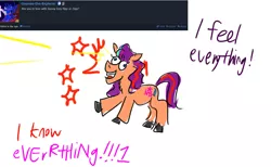 Size: 1280x788 | Tagged: safe, artist:horsesplease, derpibooru import, sunny starscout, twilight sparkle, series:ask failblazer, ask, curse, cursed, derp, eye beams, g5, highlander, image, implied sunnyhitch, implied twilight sparkle, insanity, jpeg, laughing, laughing mad, sunny and her heroine, that magic was not yours to give, twilight's curse