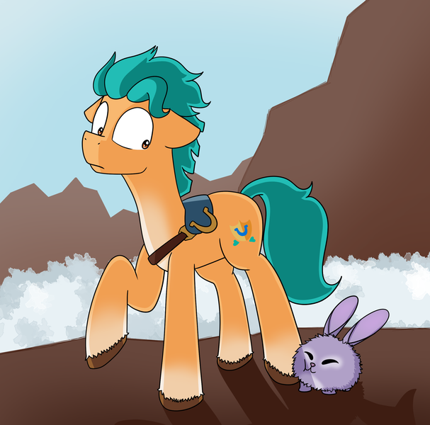 Size: 2287x2262 | Tagged: safe, derpibooru import, hitch trailblazer, earth pony, pony, rabbit, animal, cloud, critter magnet, g5, image, mountain, png, solo, unshorn fetlocks