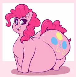 Size: 1503x1521 | Tagged: safe, artist:graphenescloset, derpibooru import, pinkie pie, earth pony, pony, abstract background, adorafatty, balloonbutt, belly, belly on floor, big belly, butt, cute, diapinkes, fat, female, happy, image, large butt, looking at you, mare, obese, open mouth, open smile, png, pudgy pie, smiling, solo, the ass was fat