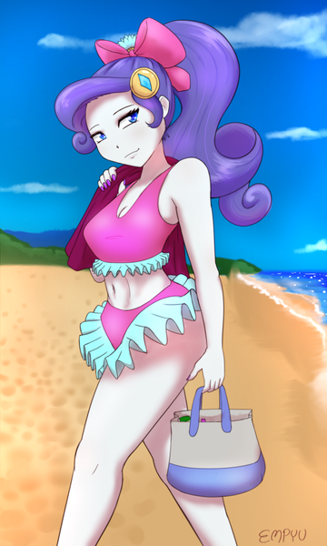 Size: 720x1200 | Tagged: safe, artist:empyu, derpibooru import, rarity, equestria girls, beach, belly button, bow, clothes, cloud, female, hair bow, image, png, ponytail, sky, solo, solo female, swimsuit, two-piece swimsuit