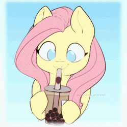 Size: 401x403 | Tagged: safe, artist:angrylittlerodent, derpibooru import, fluttershy, pony, animated, blinking, bubble tea, chewing, cute, daaaaaaaaaaaw, drinking, eating, gif, gradient background, image, looking down, shyabetes, smiling, weapons-grade cute