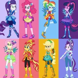Size: 1186x1186 | Tagged: safe, applejack, fluttershy, pinkie pie, rainbow dash, rarity, starlight glimmer, sunset shimmer, twilight sparkle, equestria girls, boots, cowboy boots, crystal guardian, high heel boots, humane eight, image, jpeg, shoes, solo