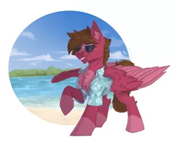 Size: 2536x2088 | Tagged: safe, artist:dorkmark, derpibooru import, oc, unofficial characters only, pegasus, pony, background sketch, chest fluff, clothes, ear fluff, glasses, hawaiian shirt, image, male, png, raised hoof, scenery, shirt, smiling, solo, stallion, water