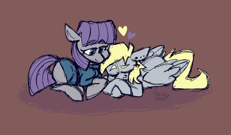 Size: 4000x2344 | Tagged: safe, artist:galaxysquid, derpibooru import, derpy hooves, maud pie, earth pony, pegasus, pony, cuddling, derpmaud, eyes closed, female, heart, image, jpeg, lesbian, lying down, shipping