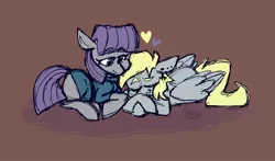 Size: 4000x2344 | Tagged: safe, artist:galaxysquid, derpibooru import, derpy hooves, maud pie, earth pony, pegasus, pony, cuddling, derpmaud, eyes closed, female, heart, image, jpeg, lesbian, lying down, shipping