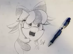 Size: 1521x1129 | Tagged: safe, artist:engi, derpibooru import, cheerilee, earth pony, pony, bow, female, happy, image, jpeg, looking at you, open mouth, pencil drawing, photo, solo, solo female, traditional art