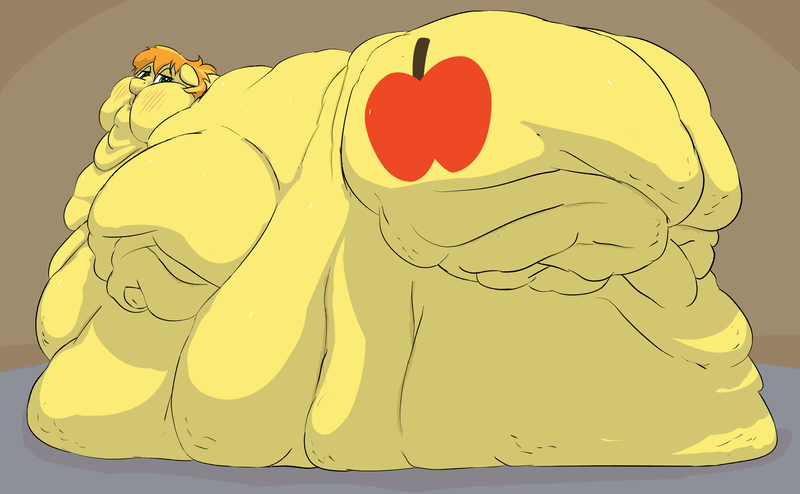 Size: 3177x1962 | Tagged: questionable, artist:lupin quill, derpibooru import, braeburn, earth pony, pony, belly, bhm, big belly, bingo wings, blob, blushing, braeblob, butt, cellulite, chubby cheeks, double chin, embarrassed, fat, fat fetish, feedee, fetish, flabby chest, huge belly, huge butt, image, immobile, impossibly large belly, impossibly large butt, impossibly obese, large butt, looking at you, lying down, male, morbidly obese, multichin, near immobile, obese, open mouth, pillow, png, rolls of fat, side, slob, solo, solo male, stretched cutie mark, sweat, sweatdrop, the ass was fat