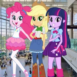 Size: 539x539 | Tagged: safe, derpibooru import, pinkie pie, sunset shimmer, twilight sparkle, equestria girls, equestria girls series, belt, boots, bow, bowtie, clothes, cowboy boots, cowboy hat, cutie mark, cutie mark on clothes, grin, hat, high heel boots, image, jeans, jewelry, jpeg, looking at you, necklace, pants, pantyhose, shirt, shoes, simple background, skirt, smiling, transparent background
