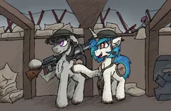 Size: 2046x1322 | Tagged: semi-grimdark, artist:reddthebat, derpibooru import, cheerilee, octavia melody, vinyl scratch, earth pony, pony, unicorn, barbed wire, death, gun, helmet, image, lewis gun, light machine gun, mud, png, trench, trench warfare, war, weapon, whistle, world war i