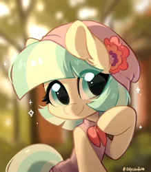 Size: 1544x1766 | Tagged: safe, artist:colorfulcolor233, derpibooru import, coco pommel, earth pony, pony, blurry background, clothes, cocobetes, cute, eye clipping through hair, female, hat, image, jpeg, mare, shirt, smiling, solo