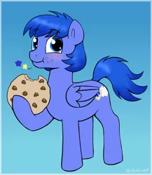 Size: 1584x1824 | Tagged: safe, artist:heretichesh, derpibooru import, oc, unofficial characters only, pegasus, pony, blushing, cookie, eating, food, gradient background, hoof hold, image, jpeg, looking at you, male, smiling, stallion